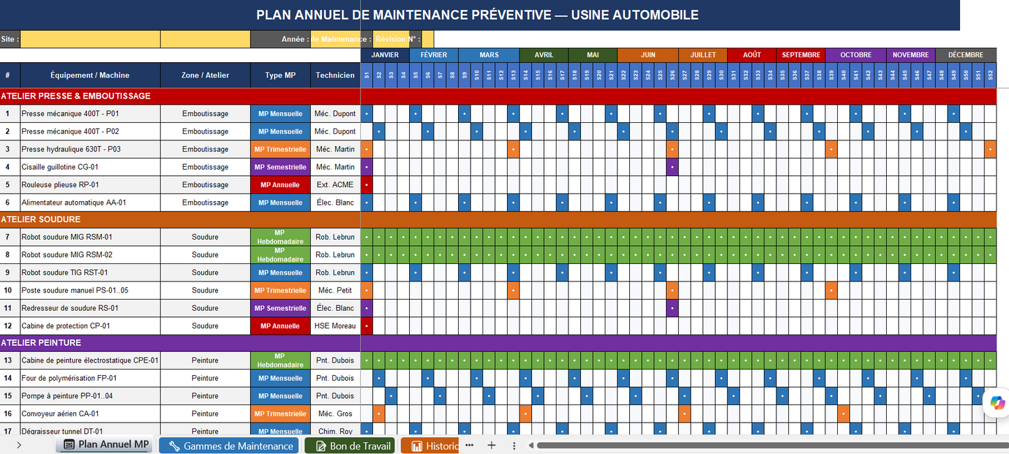 Fichier Excel – Suivi de la Maintenance Préventive